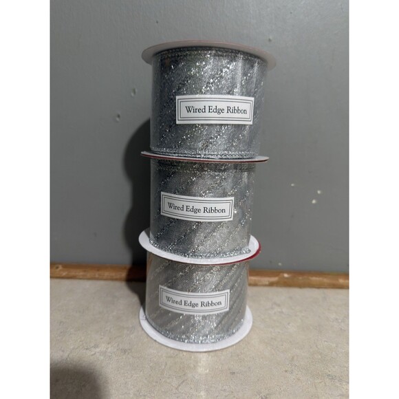 NEW 3 roll wired edge ribbon 2.5" x 30’ silver glitter Robert Stanley - Picture 5 of 5